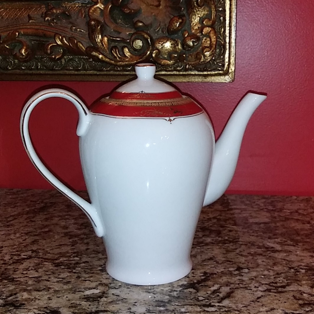 Elegant White Porcelain Teapot with Red and Gold Trim